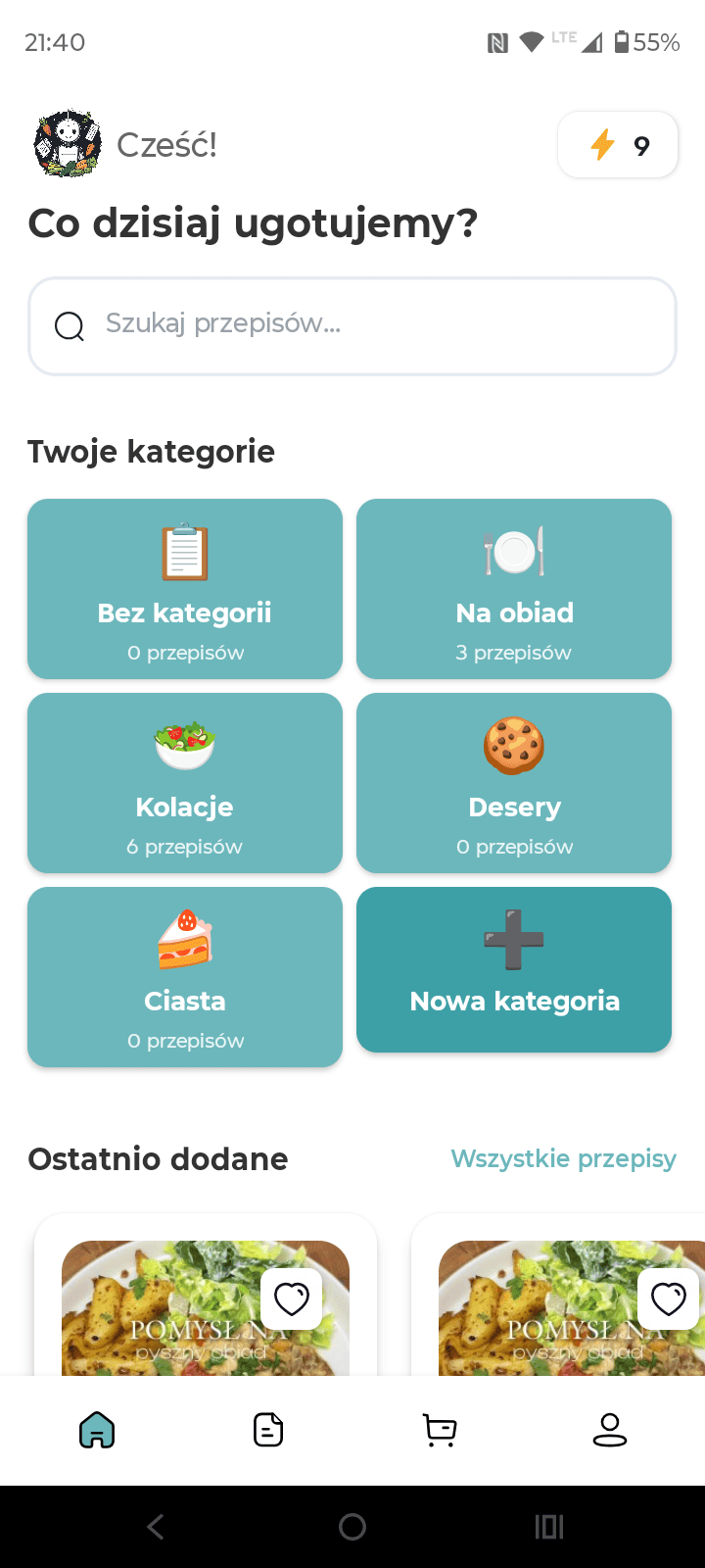 Meal Brain - widok aplikacji z kategoriami przepisów